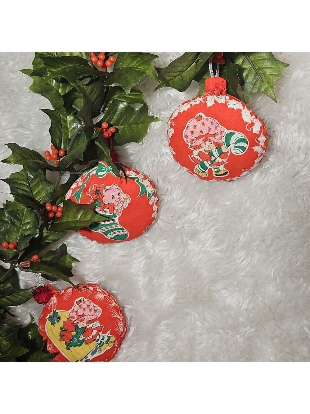 Vintage Handmade Strawberry Shortcake Hanging Ornaments Set of 3 holiday fabric